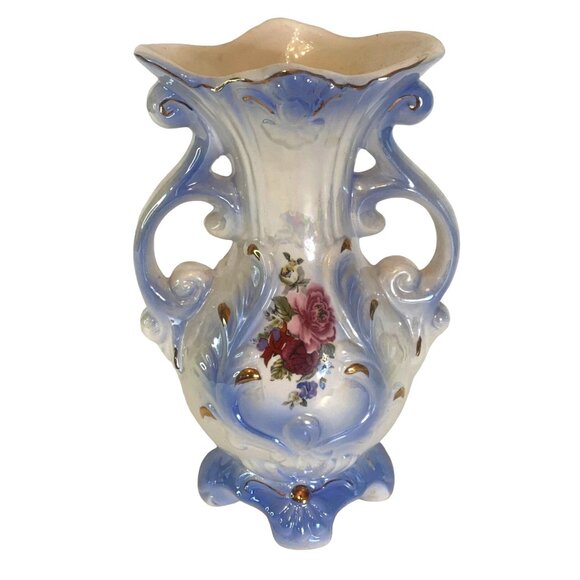Victorian Lusterware Ceramic Vase Double Handle Footed Pink Roses 8.25" Vintage - Picture 1 of 7